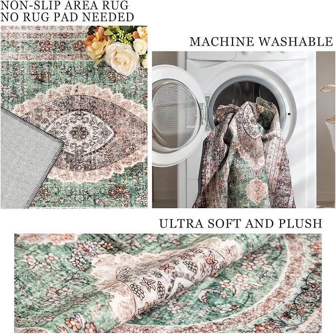 Small Rugs 2x3,Green Rug for Entryway Bathroom Entrance Doormat | Boho Vintage Bohemian Distressed Washable Oriental Accent Floor Throw Carpet Non Slip