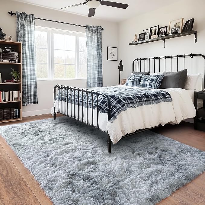 Large Area Rugs 9x12 Living Room, Ultra Fluffy Fuzzy Shag Rug for Bedroom, Modern Plush Soft High Pile Upgrade Non-Slip Carpet for Kids Girls and Boys Room Decor, Tie-Dyed White Grey