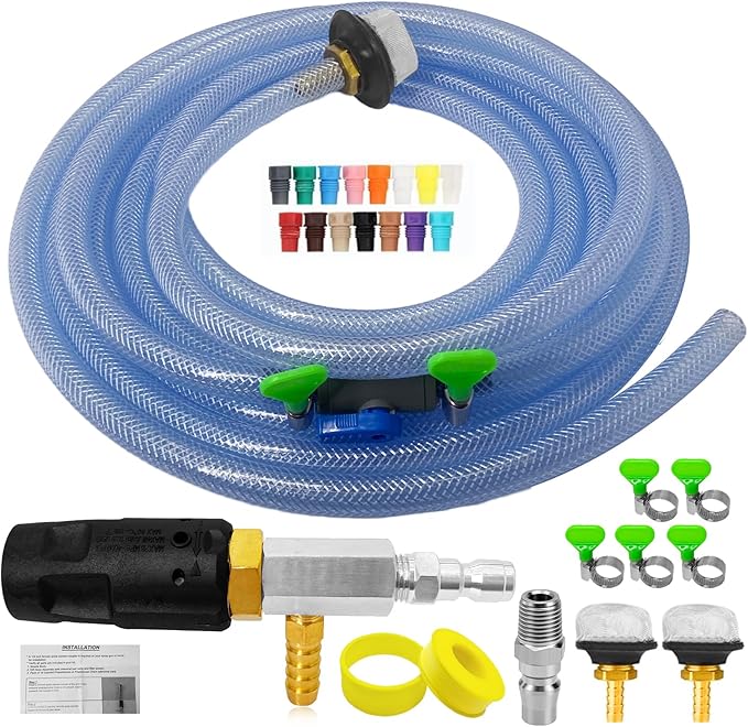 Adjustable Long Range Nozzle for Pressure Washer, Downstream Injection Spray Nozzle Kit 2–2.5 GPM, External Chemical Injector w/1/4" Quick Connect, 15FT Hose, Shut-Off Valve & Filter, 2000–3000 PSI.