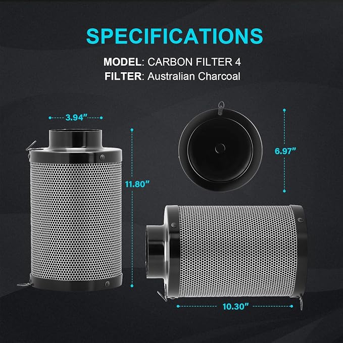 HealSmart 4 Inch Air Carbon Filter 4" Premium Australian Virgin Charcoal Smelliness Control, Fit with Inline Duct Fans, Free Pre-Filter, Reversible Flange and Hook for Grow Tents, and Hydroponics