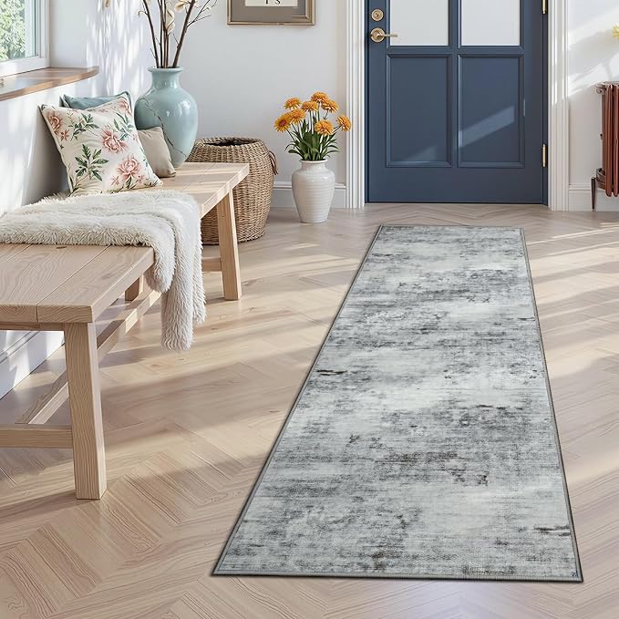 Toneed Washable 2x6 Non-Slip Runner Rug for Hallway Kitchen, Grey | Abstract Soft Modern Low Pile Area Rugs for Bedroom Laundry Living room,Indoor Carpet for Bedside Home Decor