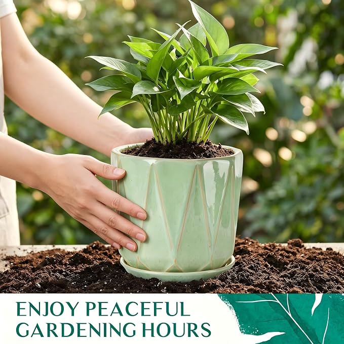 10 Inch Ceramic Plant Pot with Drainage Hole Mesh Net, Large Flower Pots for Indoor Plants with Saucer, Gardening Pots Outdoor (Crackle-Green)