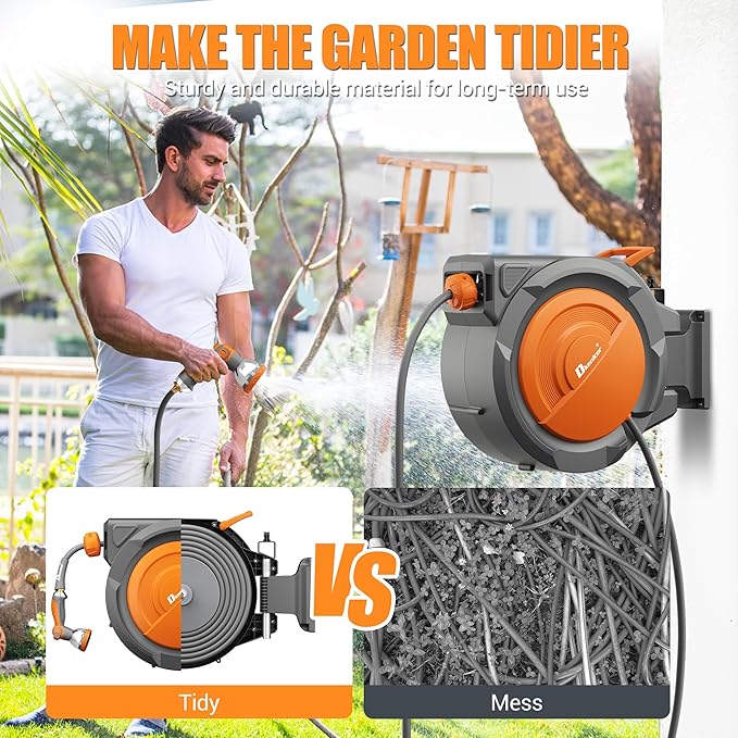 5/8" x 75 ft Retractable Hose Reel, Heavy Duty Retractable Garden Hose Reel Wall Mounted with 10-Pattern Hose Nozzle/Any Length Lock/Slow Return System/180°Swivel Bracket,Orange