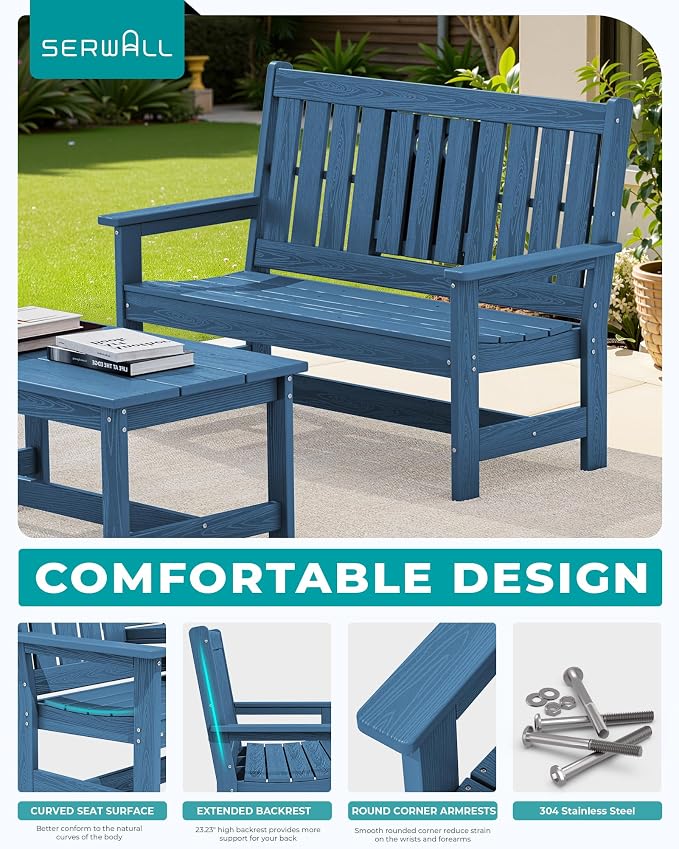 SERWALL HDPE Outdoor Bench with Cup Holder Oversized 58" Porch Bench, Navy | Suitable for 3 Person, Heavy-duty, High Backrest, Weatherproof Material Patio Benches for Garden, Park, Yard, Front Porch