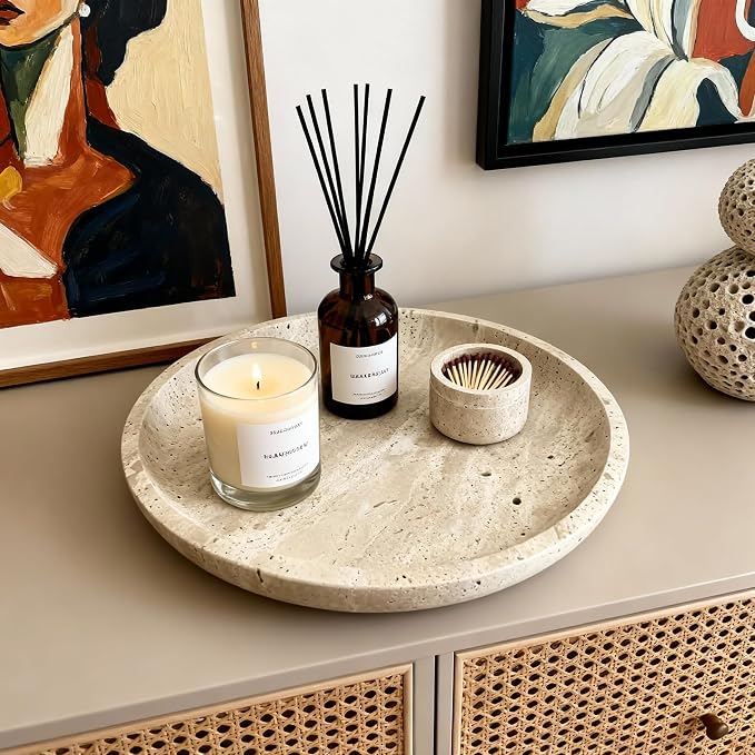 Vanity Tray for Bathroom, Dresser, Counter, Home Decor 10.24” D x 1.18”H Travertine Round Decorative Tray for Candles, Perfumes, Jewelry, Plants Natural Stone Organiser Dish Beige (NS053)