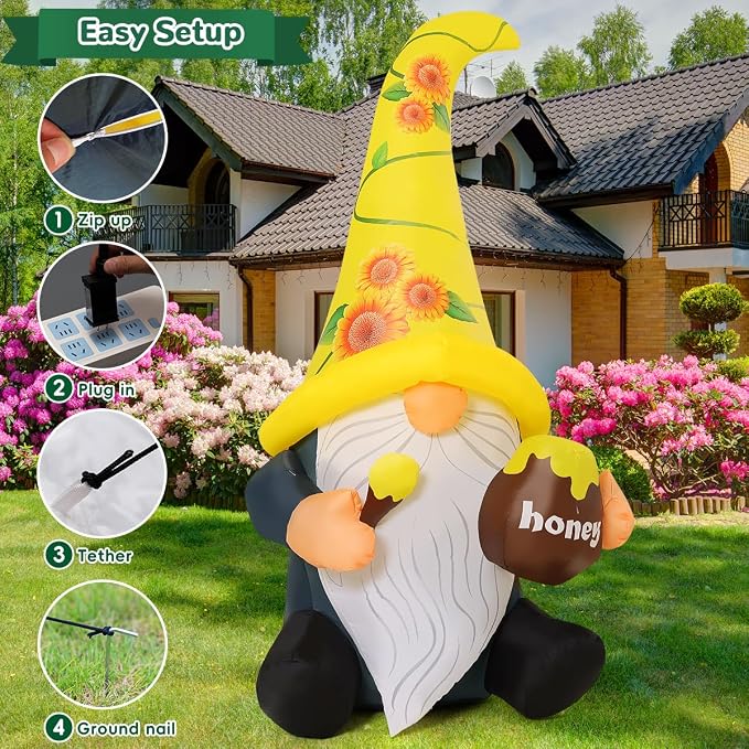 GOOSH 6 FT Summer Inflatables Gnome Outdoor Blow Up Yard Decoration with LED Lights, Weather-Resistant&Fast Inflation for Summer Garden Spring Lawn Party Indoor Decor