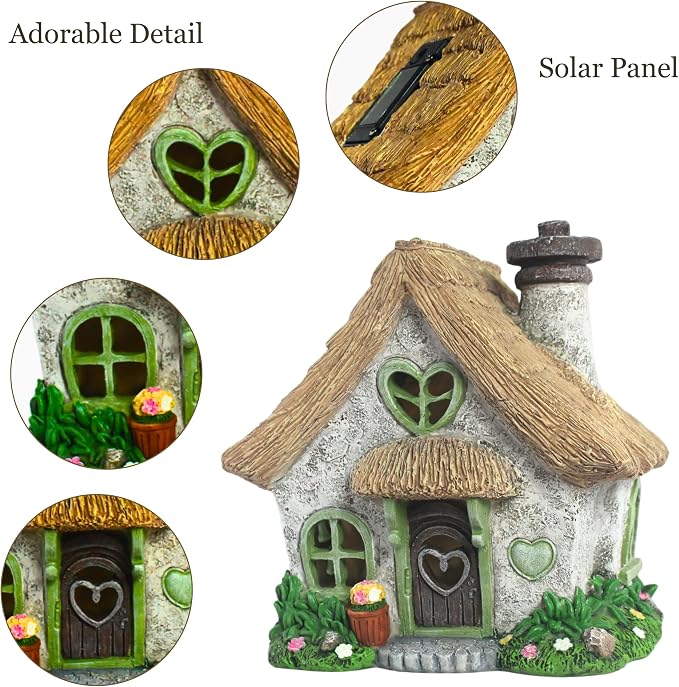 PRETMANNS Fairy House for Outside with Solar Powered LED Lights for Garden - Fairy Garden Houses for Outdoor - Miniature Accessories for Cottage Decor for Village - 7.56” High, Green