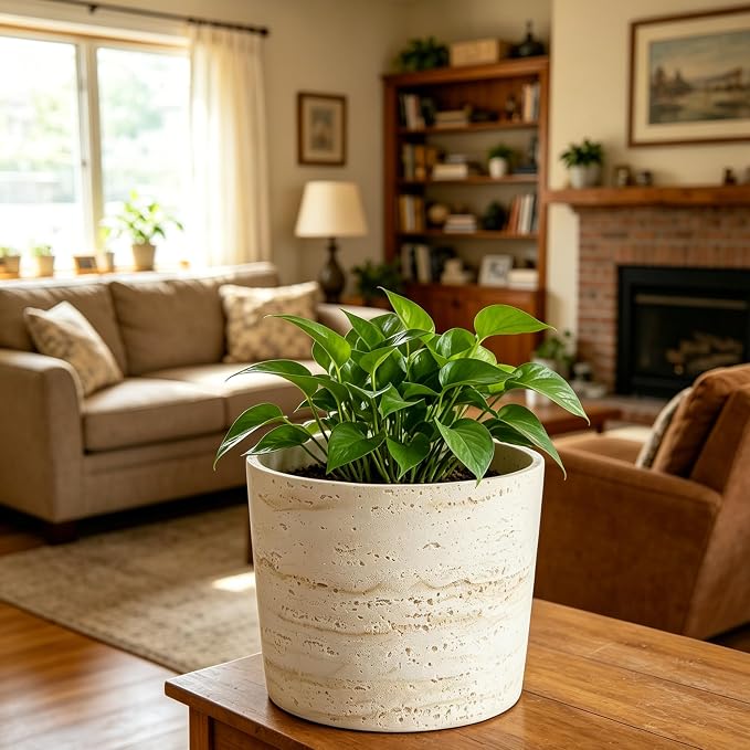 Ekirlin 7 Inch Natural Travertine Textures Plant Pot, Resin Outdoor Planter with Drainage Hole, Removable Rubber Stopper and Non-Slip Soft Pad,Weatherproof Decorative Pot for Indoor/Garden Plants