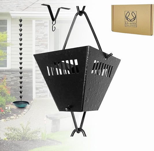 U-nitt Rain Chain Water Collection for Gutters Rainwater Catcher & Diverter, 8.5 FT Chains for Outside Garden, Black Square Cups, Roof Downspout, Works with Heavy Rain, w/ Gutter Clip for Rainchains
