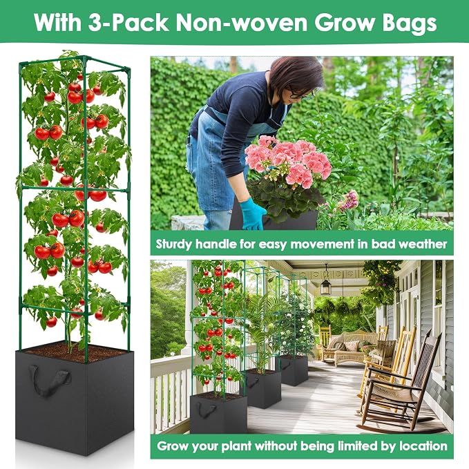 3 Pack Tomato Cage for Garden, Upgraded Fiberglass Garden Trellis with 3 PCS Grow Bags, Square Tomato Planter Support Garden Cages for Cucumber Vegetables Vertical Climbing Plants