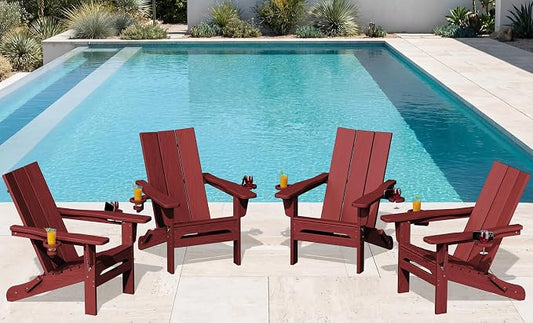 SERWALL Folding Adirondack Chair with Cup Holders, Weather Resistant HDPE Modern Adirondack Chair Set of 4, Plastic Outdoor Fire Pit Chairs, Red