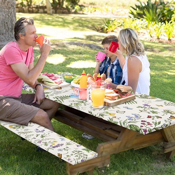Picnic Table Cover with Bench Covers Elastic Edges, Wildflower Flower Camper Fitted Table Cover, Outdoor Camping Essentials 72 Inch 3PCS, Waterproof Camping Fitted Tablecloth with Drawstring Bag
