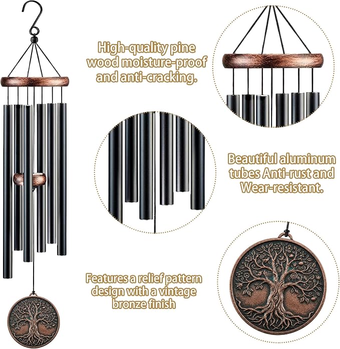 Tree Wind Chimes for Outside, Gift for Men Women, 32in Resin 3D Tree Relief Windchimes for Patio Yard Garden Decor, Mother's/Father's Day Present
