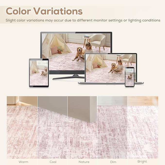 Nakagishi 6X9 Abstract Washable Area Rugs for Living Room-Pink | Modern Non-Slip Silicone Backing Low Pile Soft Carpet for Bedroom Dining Decor Ideal for Families with Kids and Pets