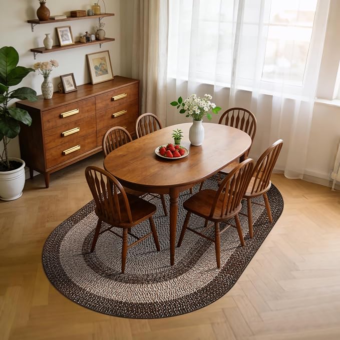 RUGSREAL 5x8 Oval Washable Rug Living Room Modern Border Bedroom Area Rugs | Non Slip Low Pile Dining Room Goemetric Oval Throw Carpet Contemporary Rugs for Living Room Kitchen Nursery, Brown