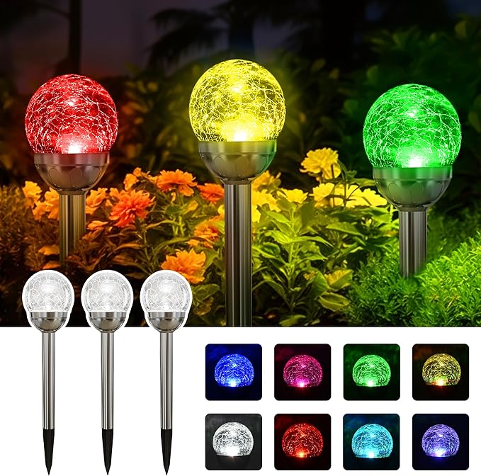SOLPEX Solar Garden Lights Outdoor, 3 Pack Multi-Color Solar Lights Outdoor Solar Powered Glass Ball Garden Lights Waterproof for Patio Decoration