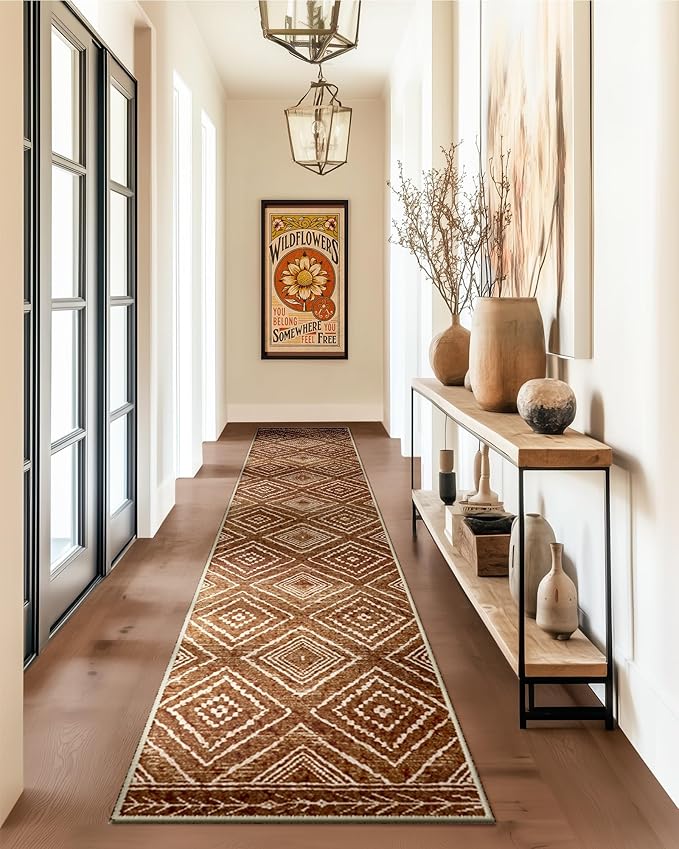2'x10' Washable Area Rug for Living Room Runner Yellowbrown | Soft Western No Slip Low Pile Print Foldable Indoor Small Rug for Kitchen entrance entryway hallway