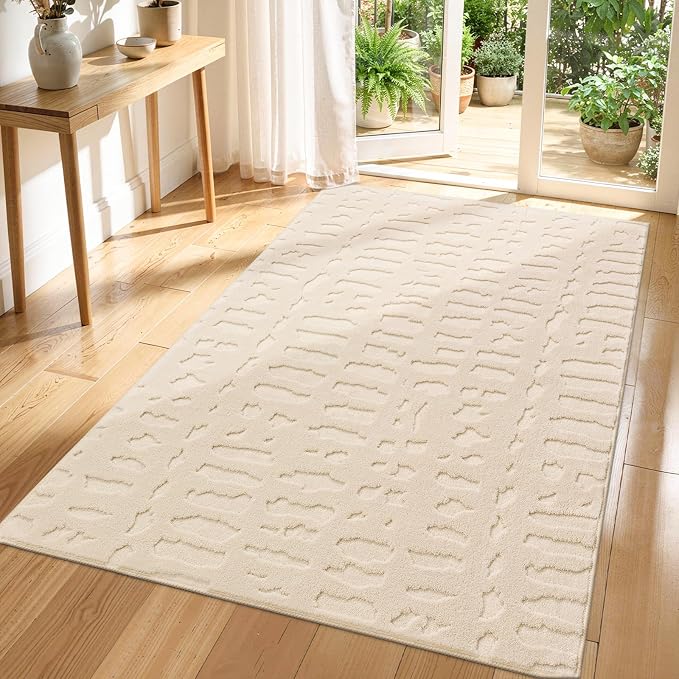 Yamaziot Washable 3x5 Area Rugs for Living Room Textured Non Slip Rug Beige | Modern High-Low Geometric Pattern, Soft Fluffy, Neutral, Minimalist Floor Carpet for Bedroom Nursery Kids Room Entryway