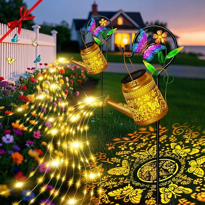 Butterfly Solar Watering Can Lights, Outdoor Waterproof Garden Lanterns with Shepherd Hook, Solar Garden Decor for Yard Outdoor Landscape Pathway, Gift for Women Mom Grandma Mothers Day Gifts, 2 Pack
