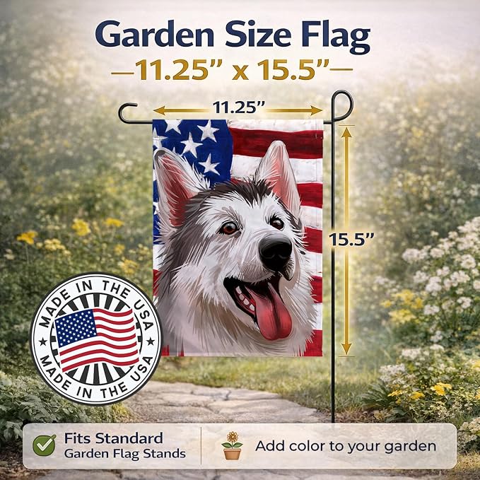 Caroline's Treasures CK6629GF Northern Inuit Dog American Flag Garden Flag Mailbox Flag Decorative Yard Flag Banner Outside Patio Artwork Yard Flower Beds, Garden Size, Multicolor