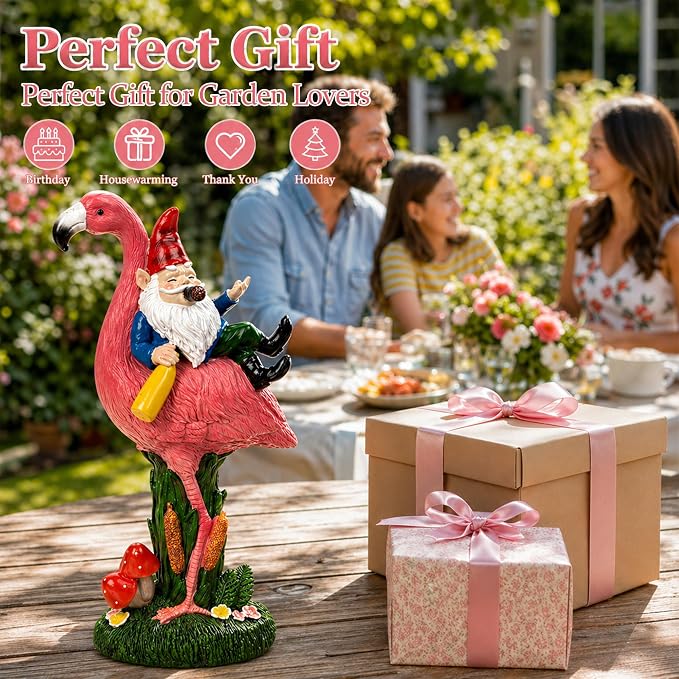 Candieslife Middle Finger Gnome Riding Flamingo 13in, Funny Garden Statue Solar Powered Outdoor Yard Decor with LED Beer Bottle & Mushrooms, Waterproof Naughty Lawn Ornament Gag Gift for Patio, Porch