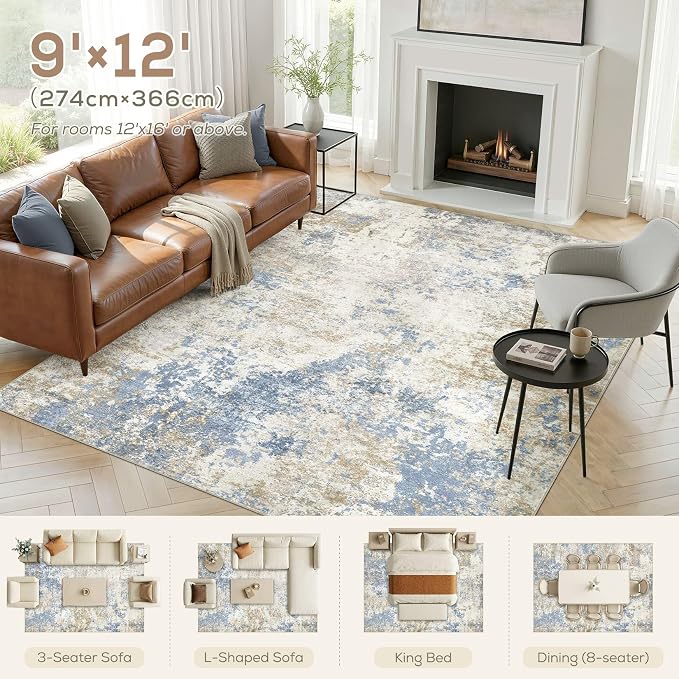 Nakagishi 9X12 Abstract Washable Area Rugs for Living Room-Blue Brown | Modern Non-Slip Silicone Backing Low Pile Soft Carpet for Bedroom Dining Decor Ideal for Families with Kids and Pets