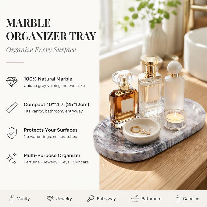 Calcatta Pink Marble Vanity Tray for Bathroom Counter, 10"x5" Decorative Tray for Perfume, Candles, Stone Jewelry Dish Tray