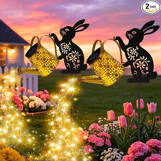 Solar Watering Can Lights, 2 Pack Bunny Hanging Lantern Solar Lights Outdoor, Rabbits Lover Gifts for Mom Women Birthday Mother's Day, Waterproof Garden Decor Outside Patio Yard Pathway Backyard