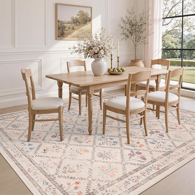 DCX Washable 8x10 Rose Biege Floral Rug for Girls Bedroom | Soft Cottagecore Rug for Baby Girl Nursery, Non Slip Low Pile, Kid & Pet Friendly Vintage Botanical Carpet