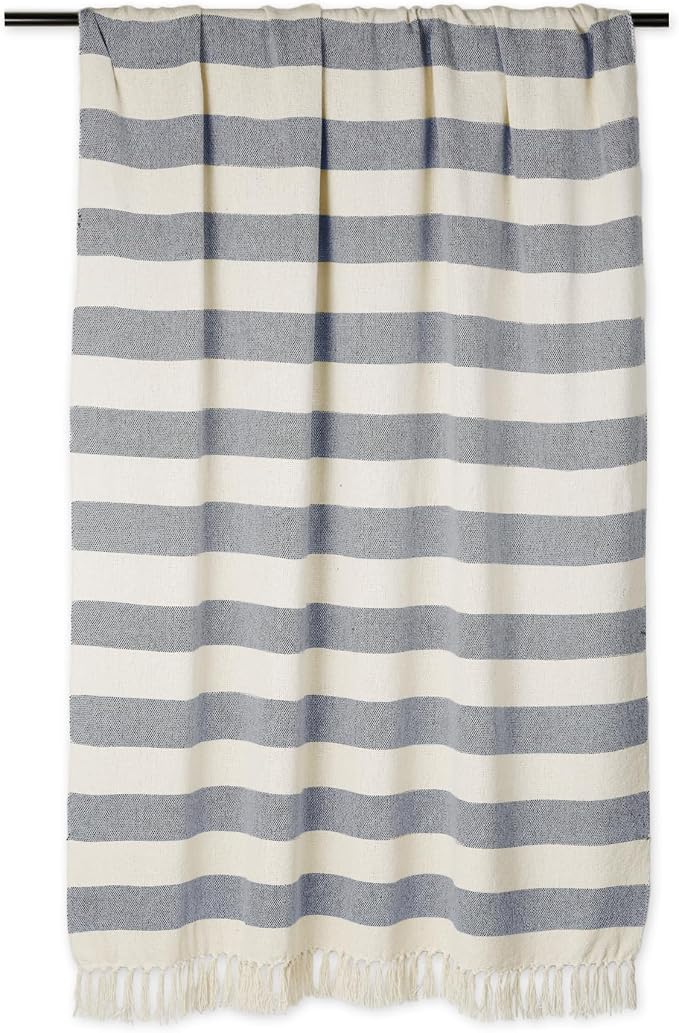 DII Rustic Farmhouse Cotton Cabana Striped Blanket Throw with Fringe, 50 x 60 - Cabana Striped Off-White with French Blue
