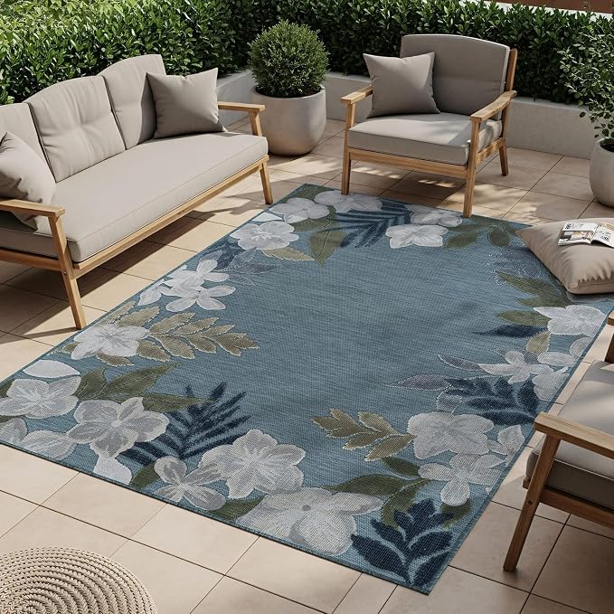 Outdoor Rug 10x14 Washable Area Rugs Indoor Outdoor Carpets Aqua Border Floral Non Shedding Waterproof Easy Clean Patio Deck Porch Living Room Bedroom Garden RV (10 X 14 Aqua)