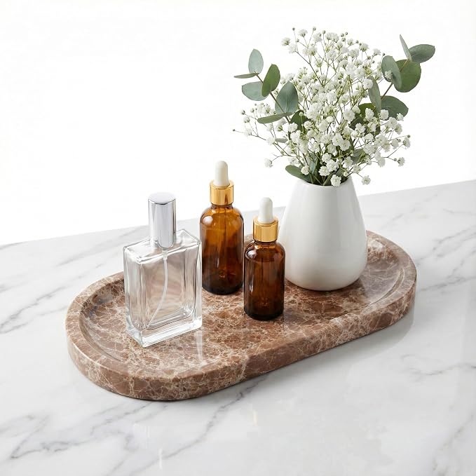 Light Emperador Marble Vanity Tray for Bathroom Counter, 10"x5" Decorative Tray for Perfume, Candles, Stone Jewelry Dish Tray