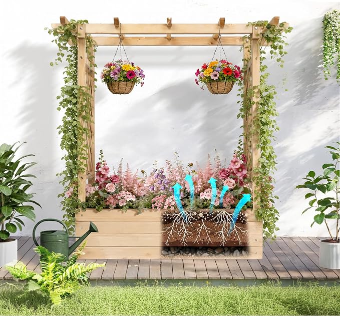 VINGLI Raised Garden Bed with Trellis & Hanging Roof, Wooden Planter Box with Drainage Holes for Outdoor Climbing Plants Vegetables Flowers, Patio Yard Balcony (Natural, Medium)