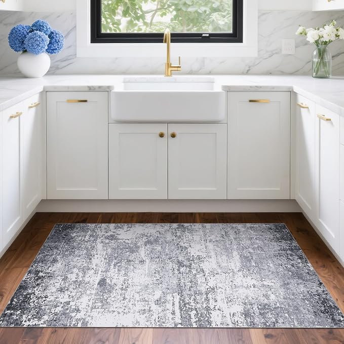 ROYHOME Modern Abstract 2x3 Area Rug Non Slip, Light Grey | Non Shedding Low Pile Stain Resistant Rug for Entryway Kitchen Bedroom