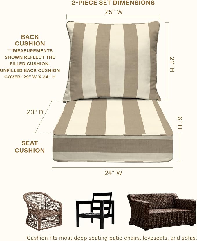 Honeycomb Outdoor Heritage Deep Seat, 24 x 23, Cabana Stripe Tan Chair Cushion with Removable Cover, for Patio Furniture