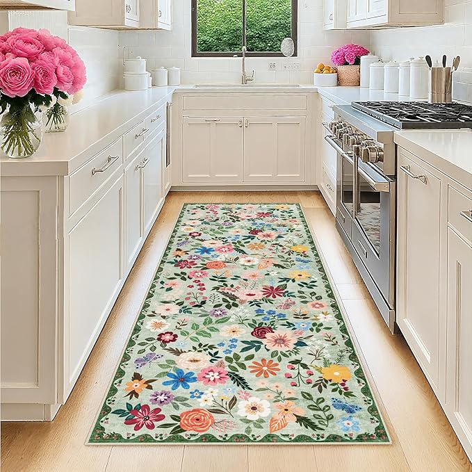 PLHXFR 2x5 Washable Runner Rug：Floral Indoor Kitchen Soft Carpet Green | For Hallway Bedroom Kitchen Laundry Bathroom Dorm,Vintage Floral,Machine washable,Non Slip,Stain Resistant,Indoor Floor