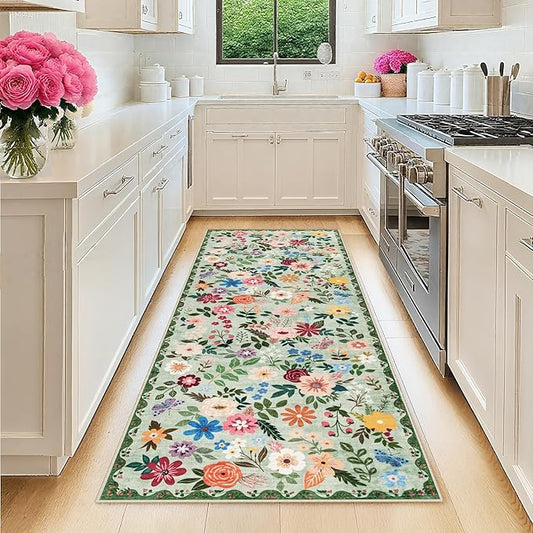 PLHXFR 2x5 Washable Runner Rug：Floral Indoor Kitchen Soft Carpet Green | For Hallway Bedroom Kitchen Laundry Bathroom Dorm,Vintage Floral,Machine washable,Non Slip,Stain Resistant,Indoor Floor