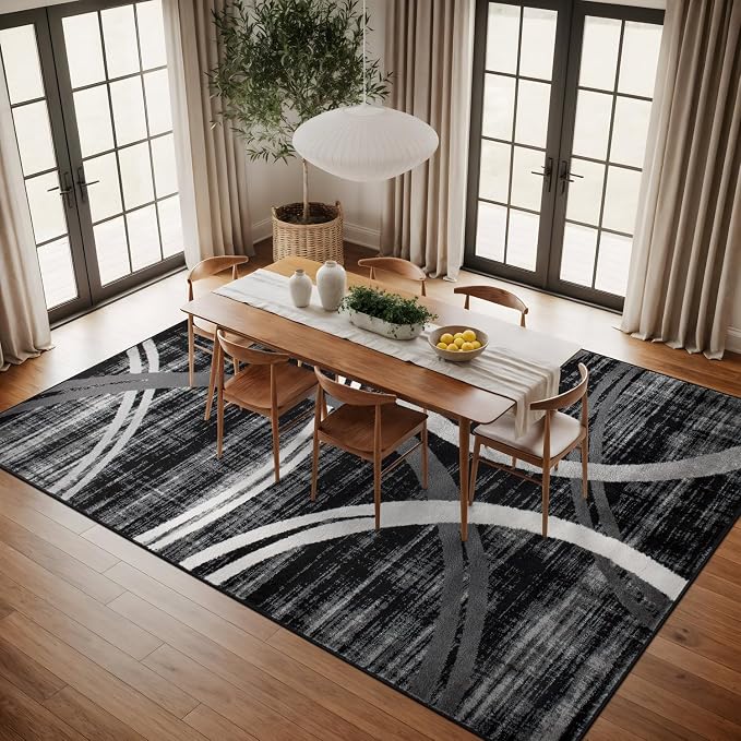 Rugshop Wavy Circles Modern Non-Shedding Area Rug Black 10' x 14' | High Traffic,Fade Resistant, Living Room, Bedroom, Dining Room, Large Areas,Basement,Open Spaces,Kitchen,Oversized Area Rug