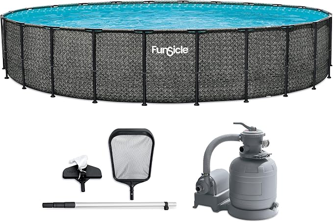 Funsicle Oasis Designer 24' x 52" Round Above Ground Swimming Pool, with 12" Sand Filter Pump, Ladder, Maintenance Kit, Cover, Ground Cloth & Repair Patch, Dark Herringbone | With 12" Sand Filter Pump, Ladder, Maintenance Kit, Cover & Repair Patch, Dar...