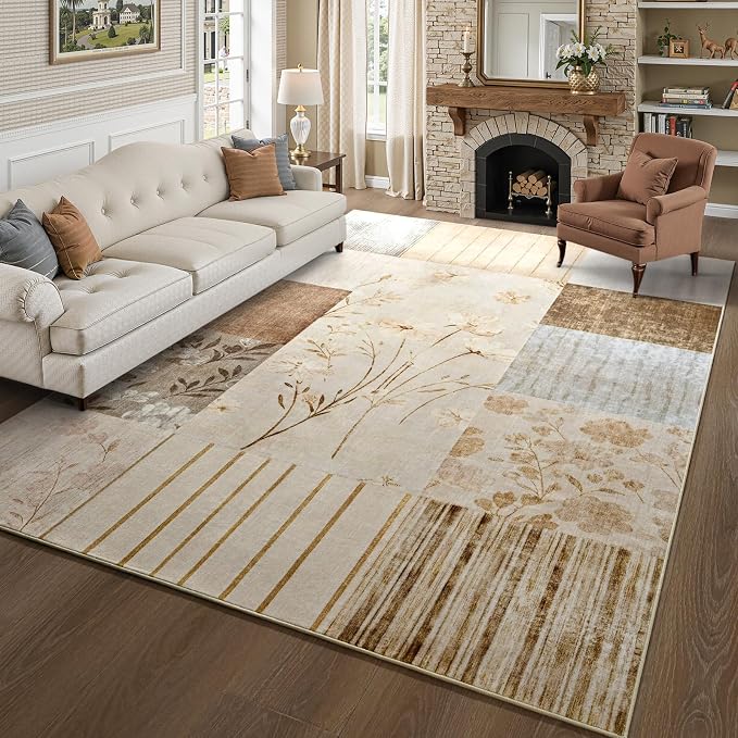 DweIke Floral Rugs for Living Room, 5x7 Washable Area Rug for Dining Room Farmhouse Office Bedroom Decor, Geometric Patchwork Stain Resistant Low Pile Indoor Floor Throw Rugs, Beige