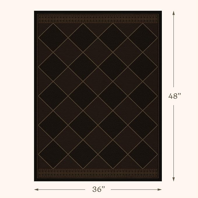 Outdoor Indoor Checkered Entryway Rug 3x4, Washable Durable Non-Slip Low Pile Boho Easy Jute Rug for Porch, Kitchen, Patio & Backyard, Modern Dark Brown Diamond Geometric Pattern Stain Resistant