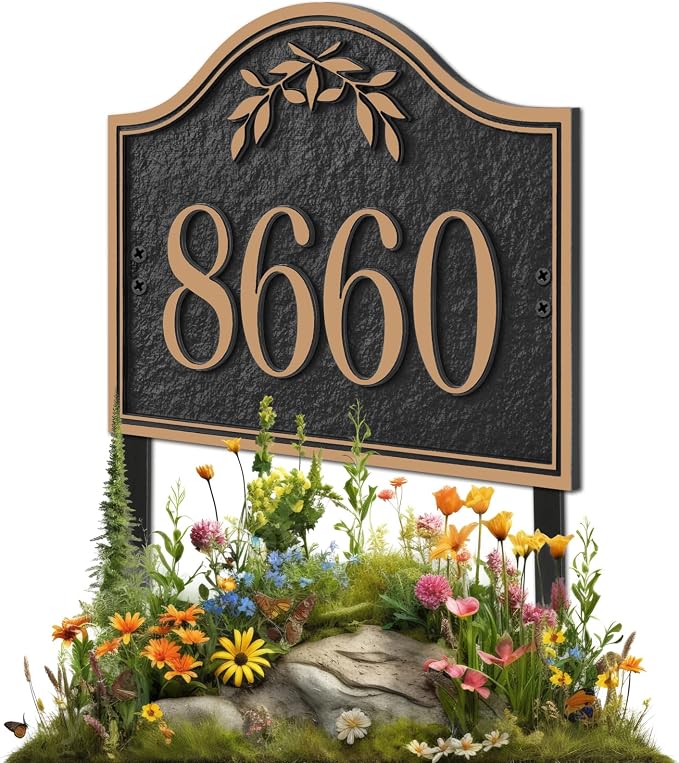 Yard Address Sign - Personalized Address Plaque,House Number Yard Sign,House Numbers for Outside,Lawn,Yard,Ground with 2 Stakes (Black/Rose Gold)
