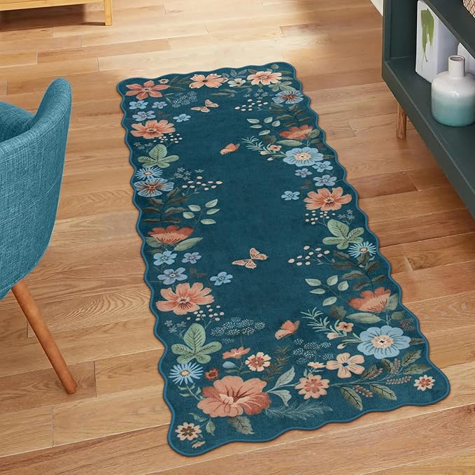 Lahome Floral Rugs for Entryway, 2x4 Washable Kitchen Rugs Blue Scalloped | Non Slip Indoor Door Mat Stain Resistant Boho Small Throw Carpet for Bathroom Bedroom Flore (2x4ft, Navy/Blue)