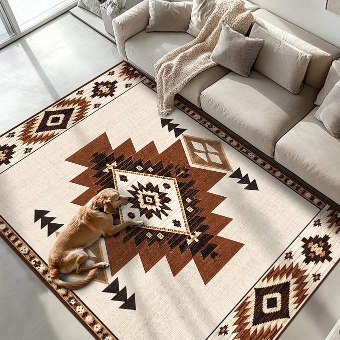 Area Rug 6x9 Western Rug for Living Room Southwestern Aztec Rugs | Machine Washable Southwest Tribal Navajo Rugs Low Pile Non-Slip Floor Carpet for Living Room Dining Room Bedroom Office