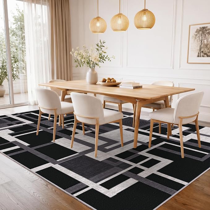 Modern Geometric 8x10 Area Rugs for Living Room, Black Grey Washable Rug | Contemporary Patchwork Non-Slip Indoor Carpet for Bedroom Dining Room Office | Soft Low-Pile Large Rug | Charcoal Black