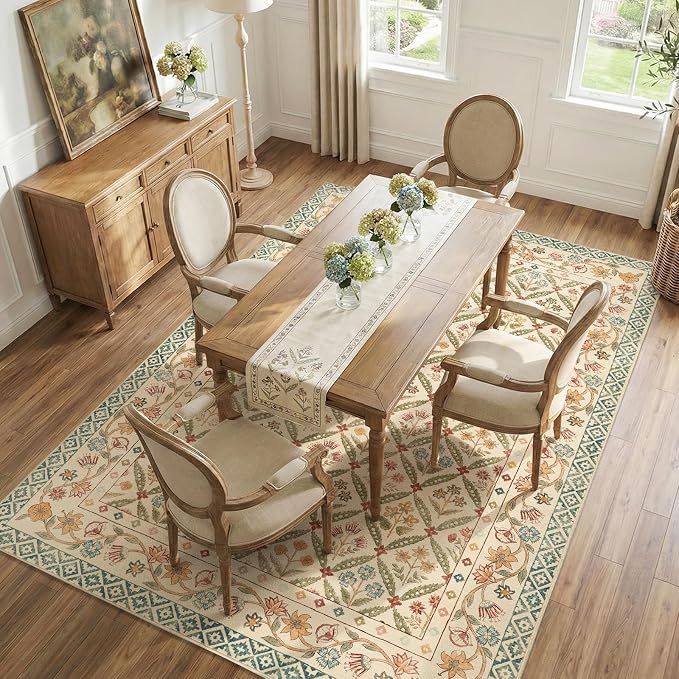 jinchan 6x9 Vintage Floral Washable Large Living Room Area Rug, Teal Blue | Soft & Lightweight, Checkered Floral, Low Pile, Non Slip, Bedroom, Dining Room, Girls Room, Home Office, Cottage Decor