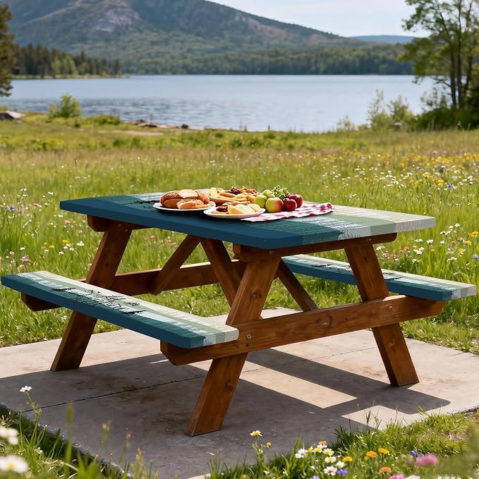 Picnic Table Cover with Bench Covers, Rectangle Tables, Waterproof Elastic Fitted Tablecloths for 6 Foot, Washable Tablecloth for Camping, Outdoor (Green, 30"x96")