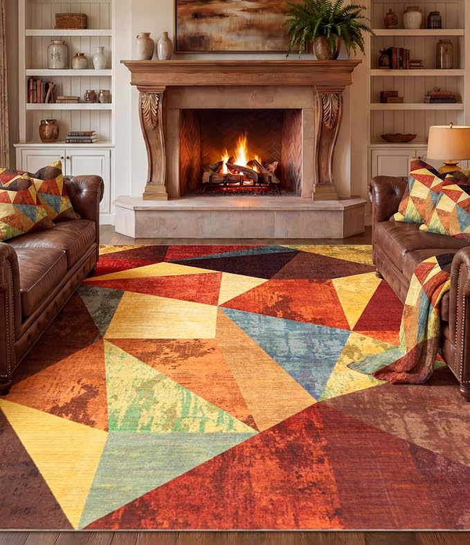 Brown Area Rug 8x10,Geometric Burnt Orange Area Rug Non Slip,Farmhouse Rugs Washable,Vintage Burgundy Carpets for Bedroom, Boho Rug for Kitchen,Dining Room