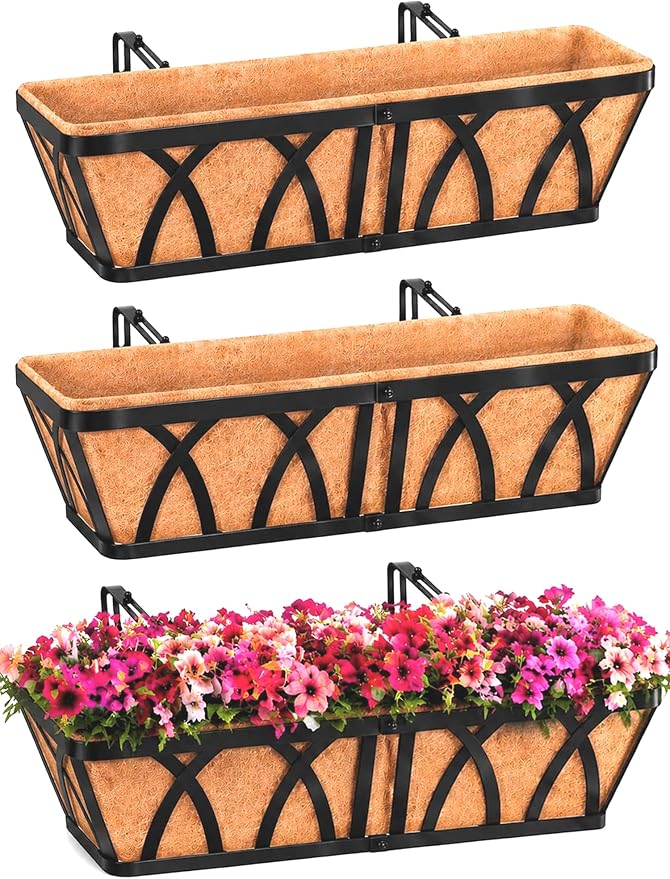 HKZ Deck Balcony Railing Planter Window Boxes - 3 Pack 24 Inch Planter Box, Balcony Planters Railing Hanging, Window Boxes Outdoor Fence Planters