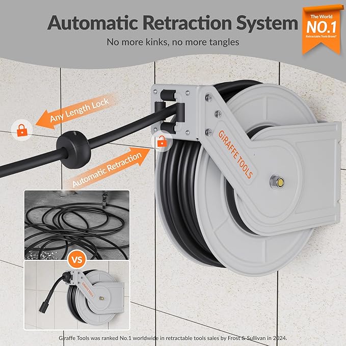 Giraffe Tools Pressure Washer Hose Reel 60ft, 2600 PSI Power Washer Hose Reel, Pressure Washer Retractable Hose Reel, Heavy Duty, Wall/Floor Mounted